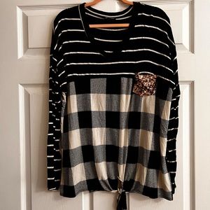 Black and White Long Sleeved Glitter Pocket